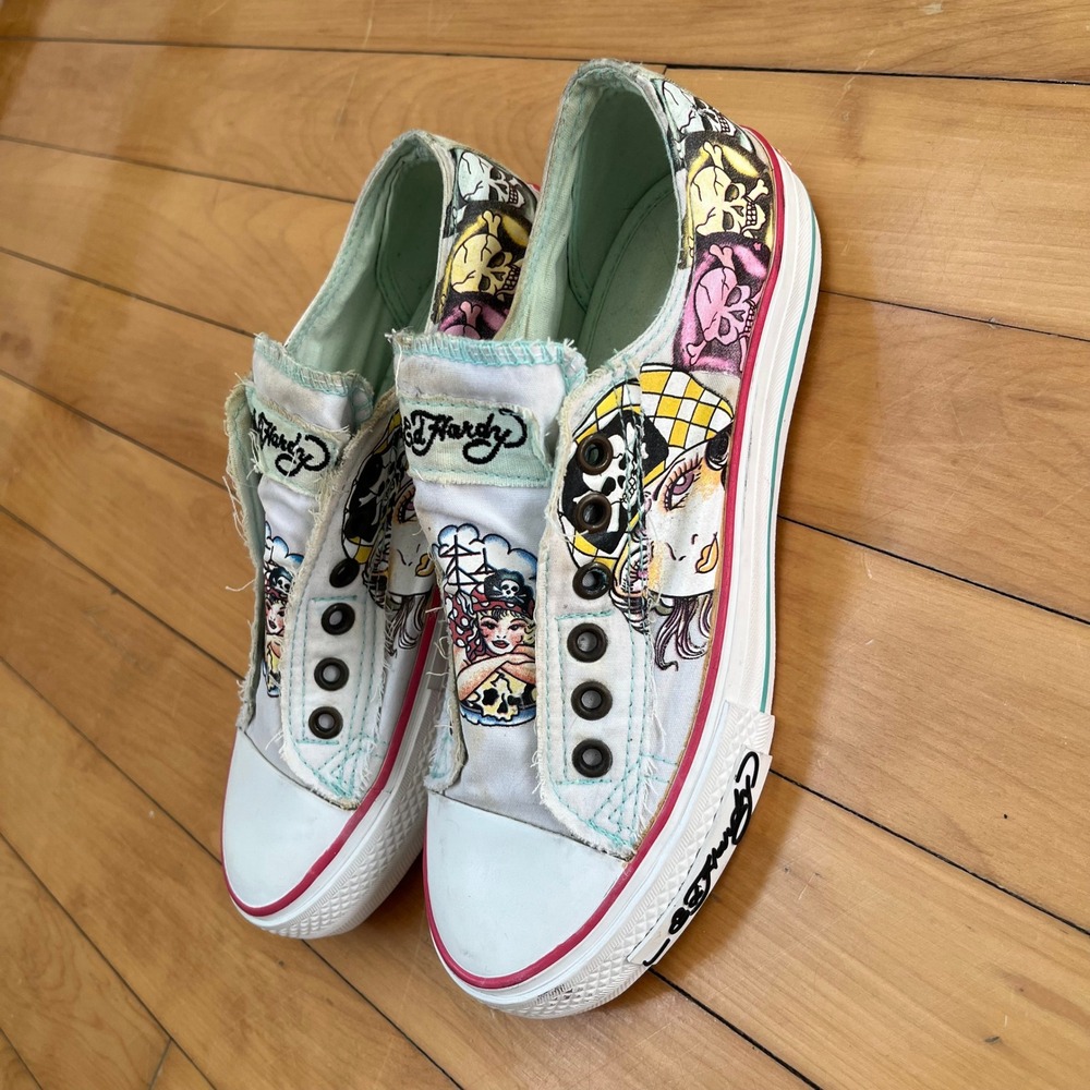 Ed Hardy Womens Tattoo Flash Art Slip On Sneakers White Skulls Geisha Size 7